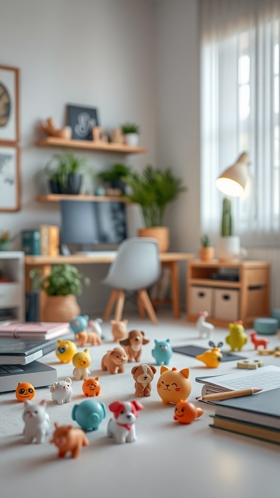 A collection of colorful miniature desk toys on a workspace, surrounded by notebooks and plants.