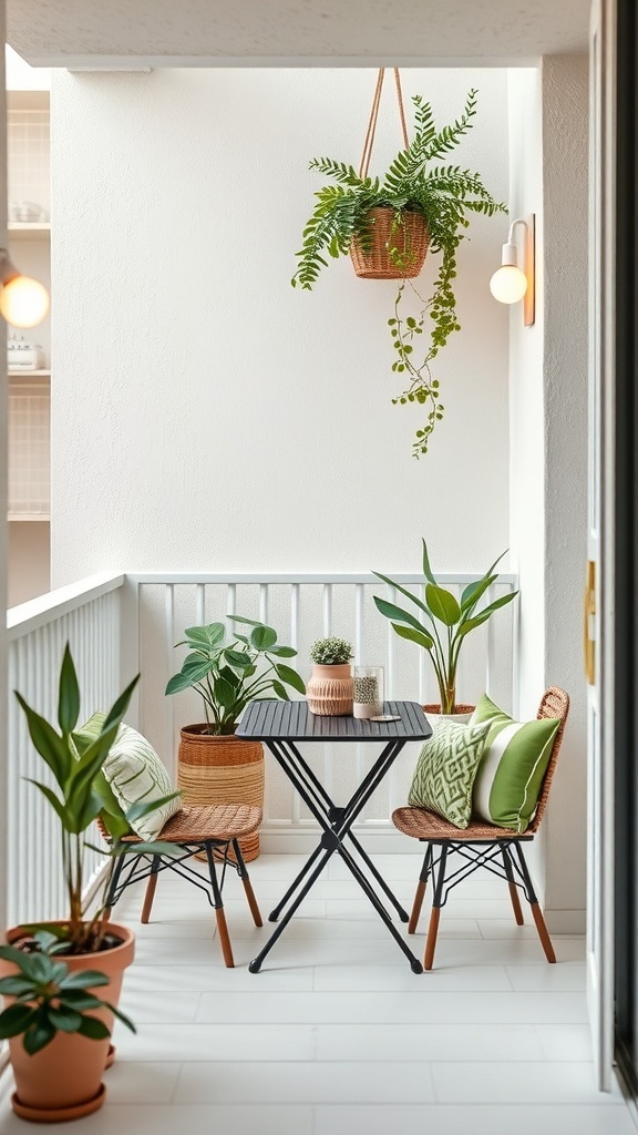 A small balcony with two chairs, a table, and various plants, creating a cozy dining area.