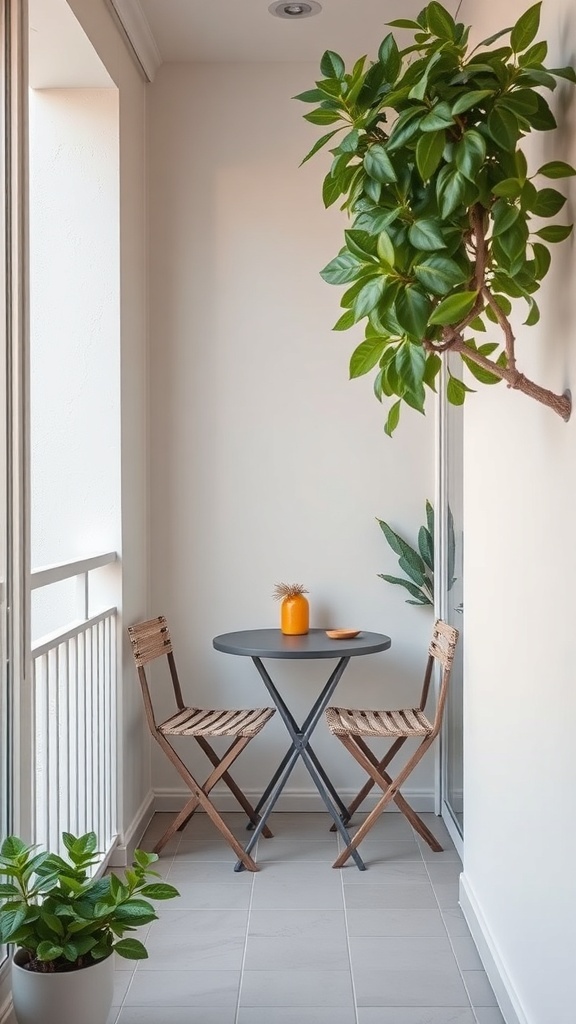 A narrow balcony featuring a small round table with two folding chairs, adorned with potted plants and a decorative orange centerpiece.
