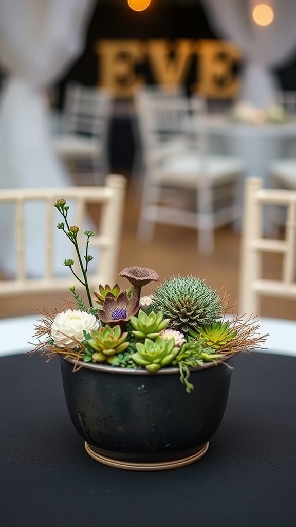 A miniature garden centerpiece featuring succulents and small flowers in a black pot, set against a wedding backdrop.