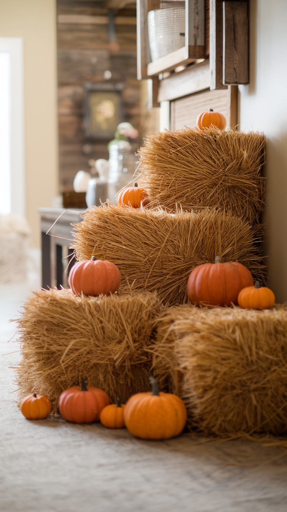 Miniature hay bales stacked with pumpkins for a Thanksgiving centerpiece.