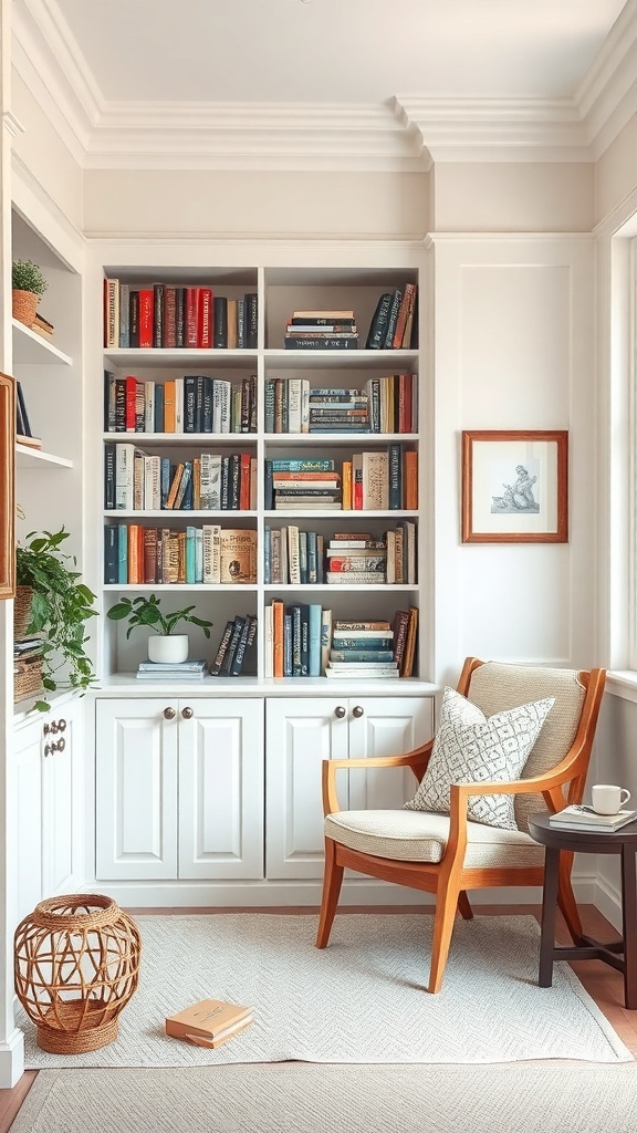 A cozy reading nook featuring a miniature library with a ladder, comfortable chair, and plants.