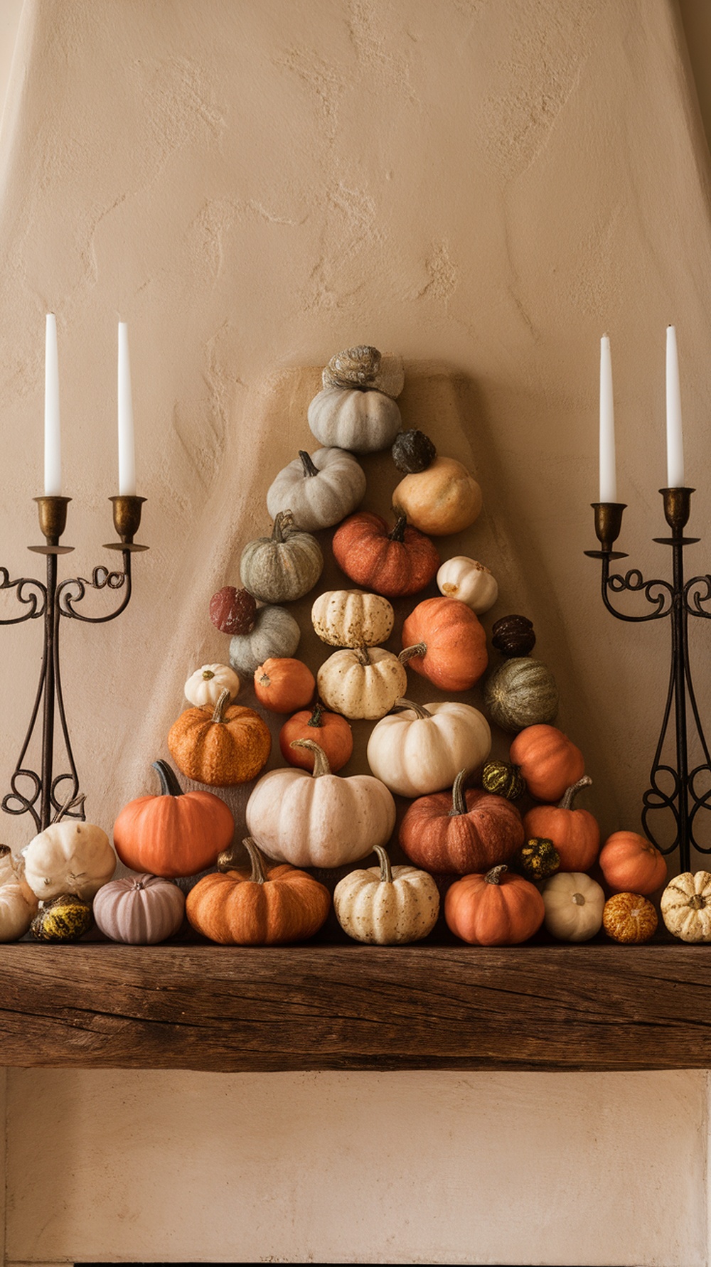 A collection of miniature pumpkins in various colors arranged on a mantel, with elegant candle holders on either side.