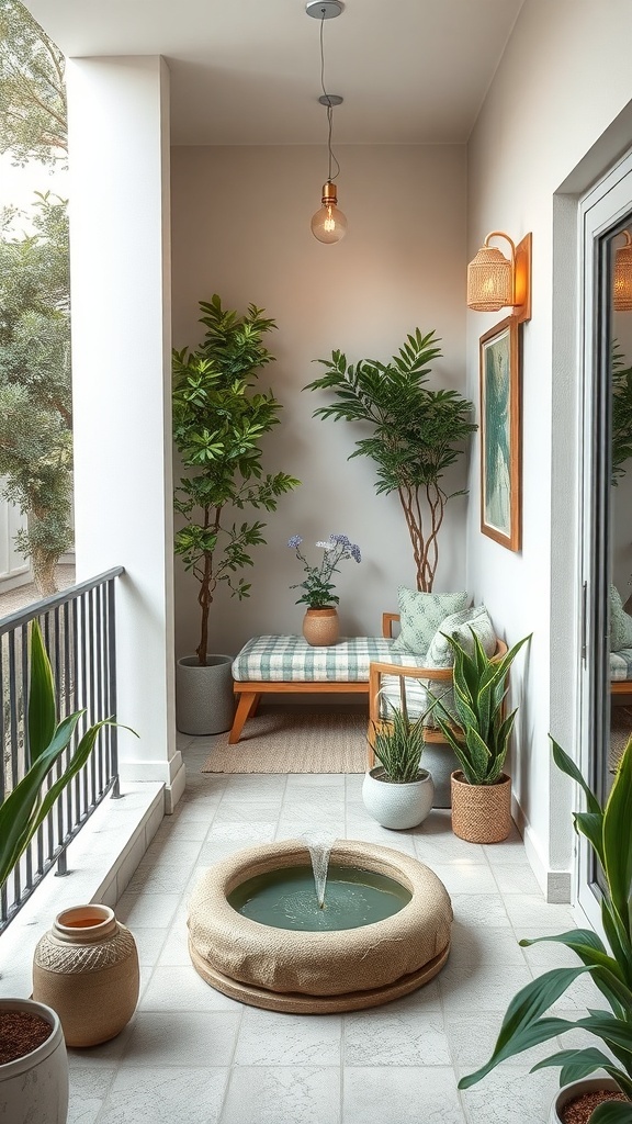 A cozy balcony with a small water fountain surrounded by plants and a comfortable seating area.