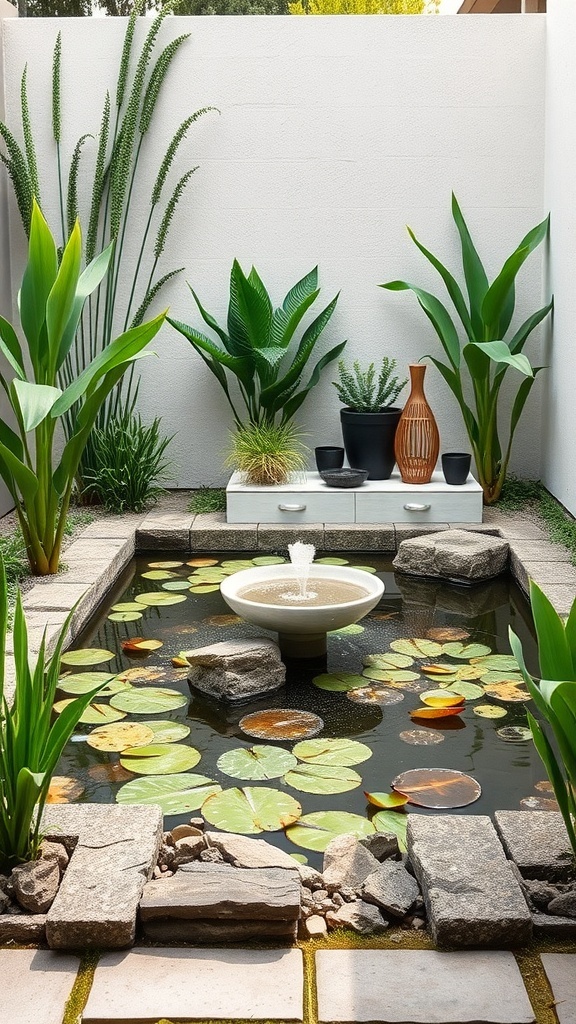 A serene miniature pond with a fountain, surrounded by lush green plants and water lilies.