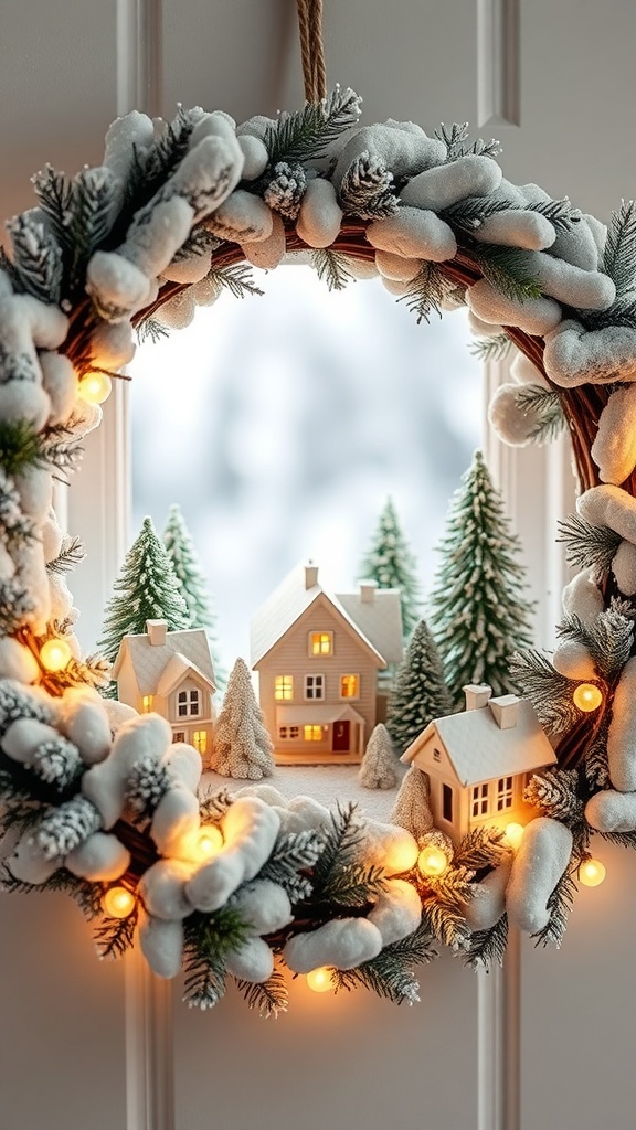 A winter wreath featuring a miniature village with tiny houses and snow-covered trees, illuminated by warm lights.