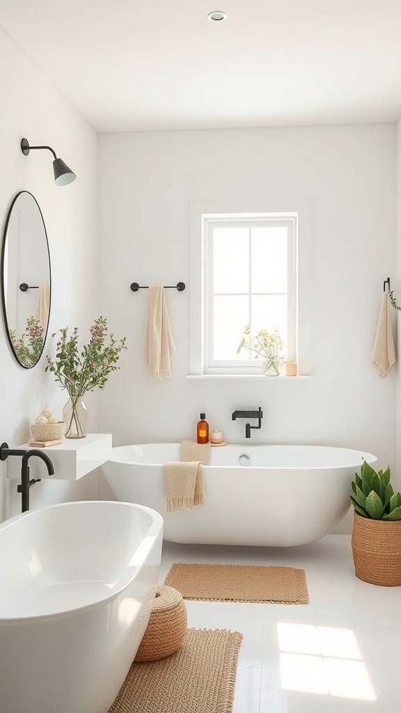 A minimalist bathroom featuring a white bathtub, a round mirror, and natural accessories.