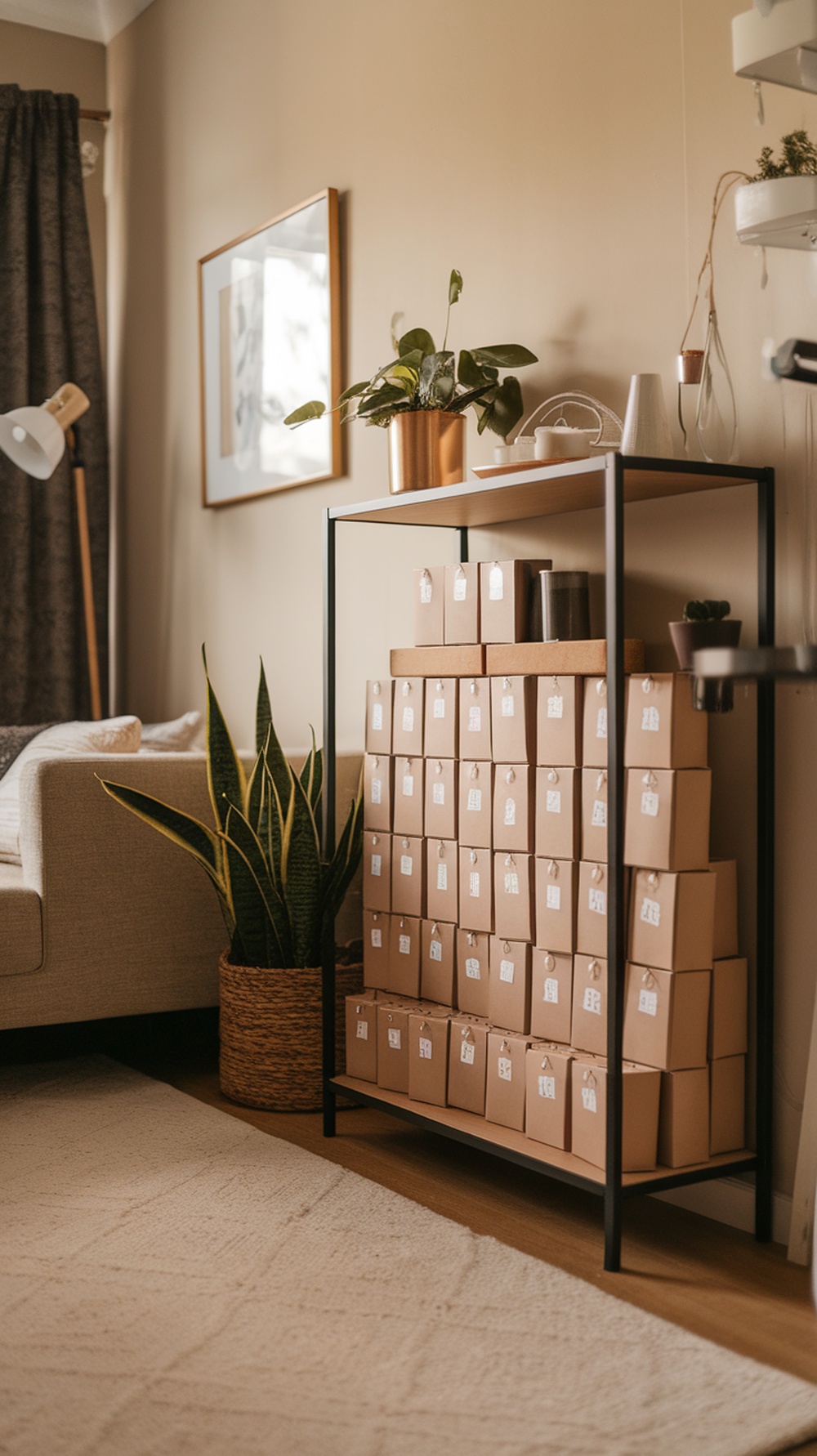A minimalist advent calendar displayed on a shelf with neatly arranged boxes.