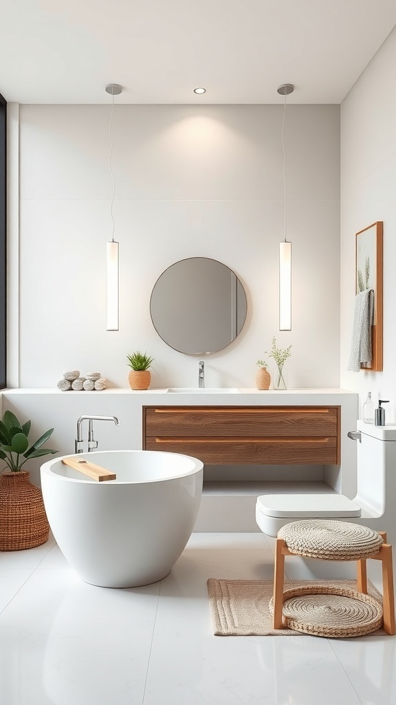 A modern minimalist bathroom featuring a round bathtub, wooden cabinetry, and plants.