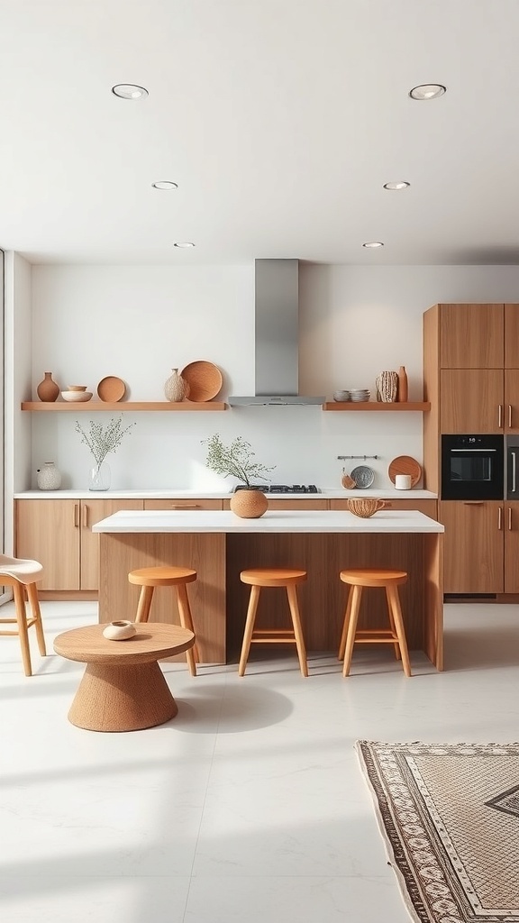 A modern kitchen featuring light wood cabinets, white countertops, and earthy decor.