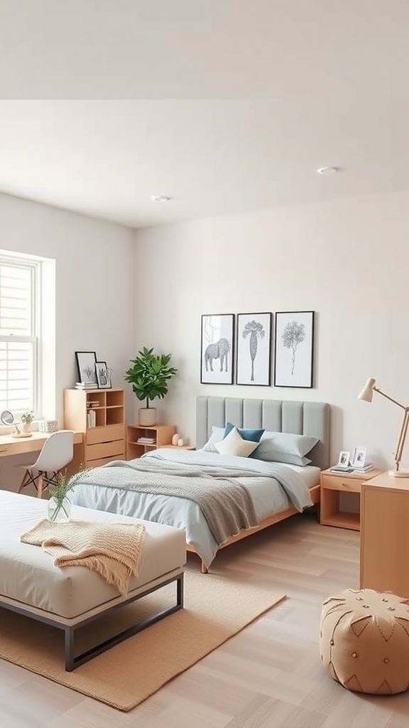 A minimalist teen bedroom featuring light wood furniture, soft bedding, and nature-inspired artwork.