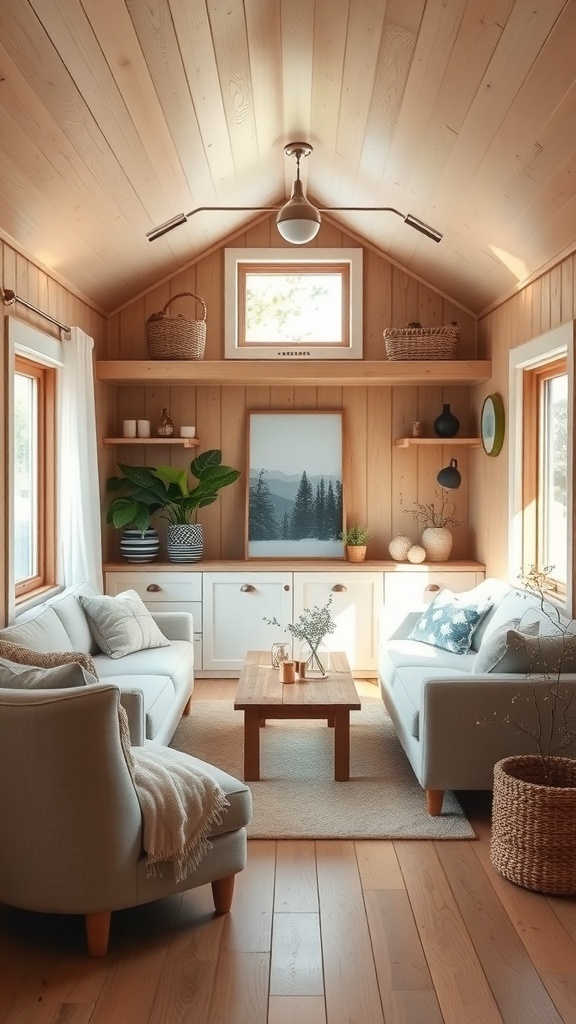 Cozy interior of a tiny cabin with light wood paneling, two sofas, a wooden coffee table, and decorative plants.