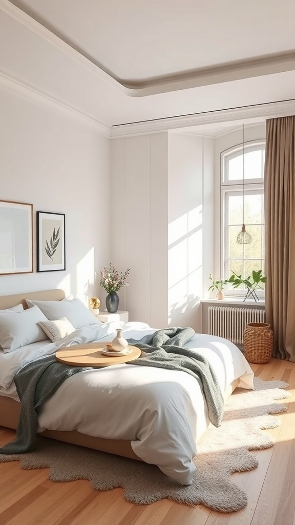 A modern minimalist bedroom featuring neutral tones, a cozy bed, and natural light.