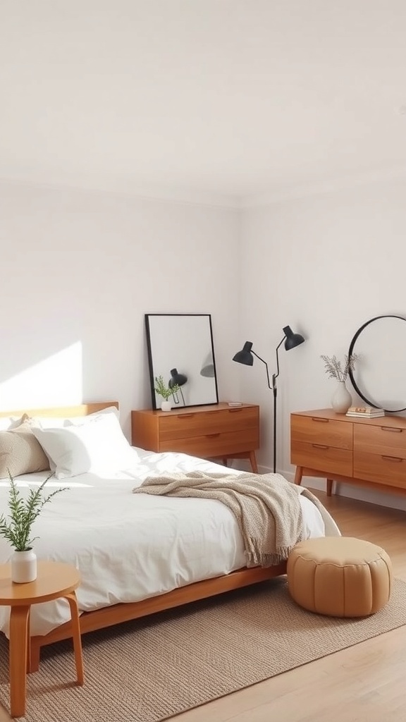 A modern minimalist bedroom featuring a wooden bed, neutral linens, and stylish lamps.