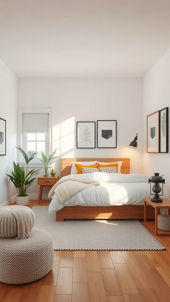 A minimalist small guest bedroom with a wooden bed, cozy bedding, plants, and simple decor.