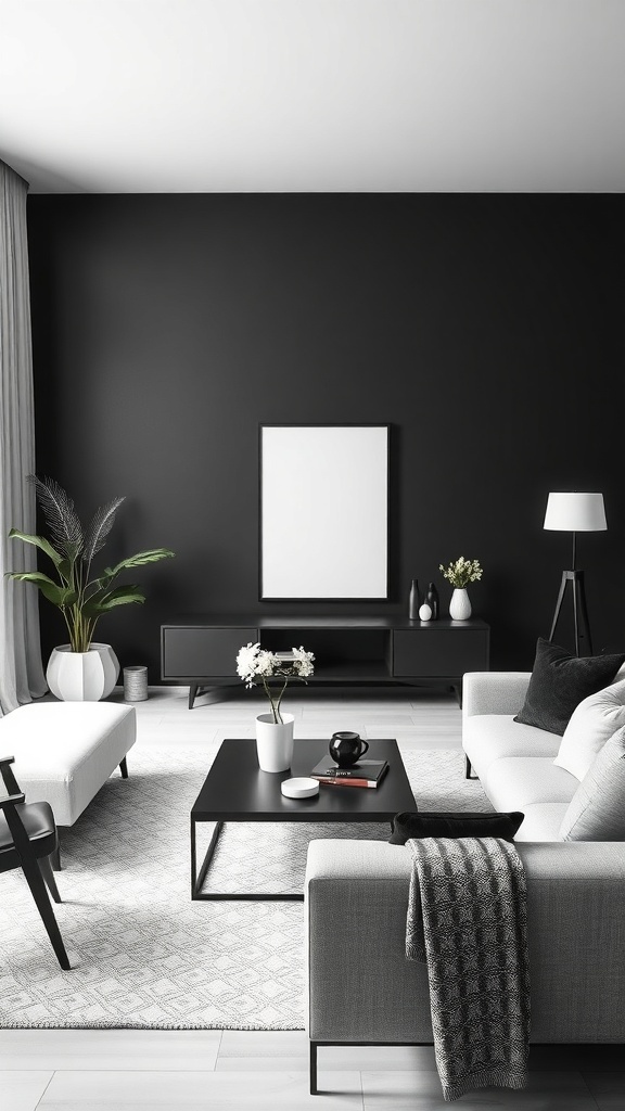 A minimalist black and white living room featuring a black wall, gray sofa, and simple decor.