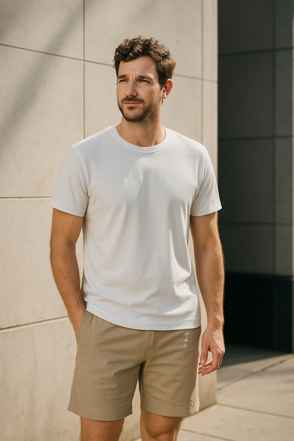 A man wearing a light-colored t-shirt and beige shorts, standing against a modern wall.