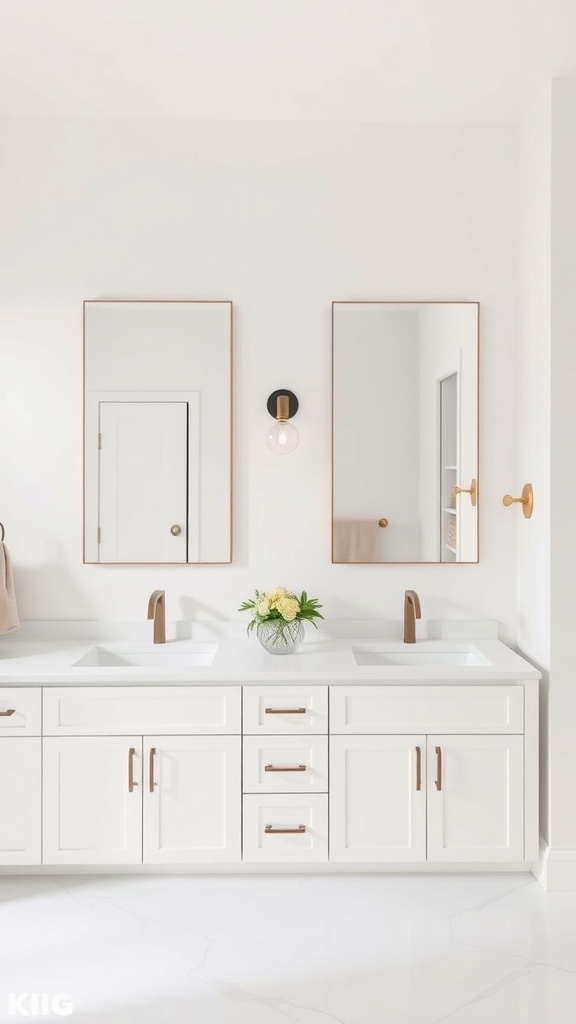 Minimalist bathroom design featuring a double sink with simple lines and elegant mirrors.
