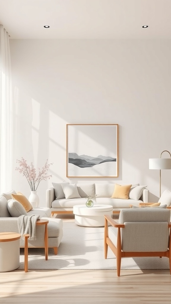 A cozy minimalist living room featuring a soft mountain silhouette artwork on the wall.