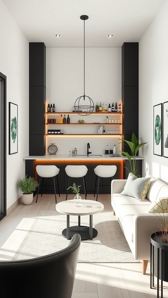 A minimalist home bar with sleek design, organized shelves, and modern seating.