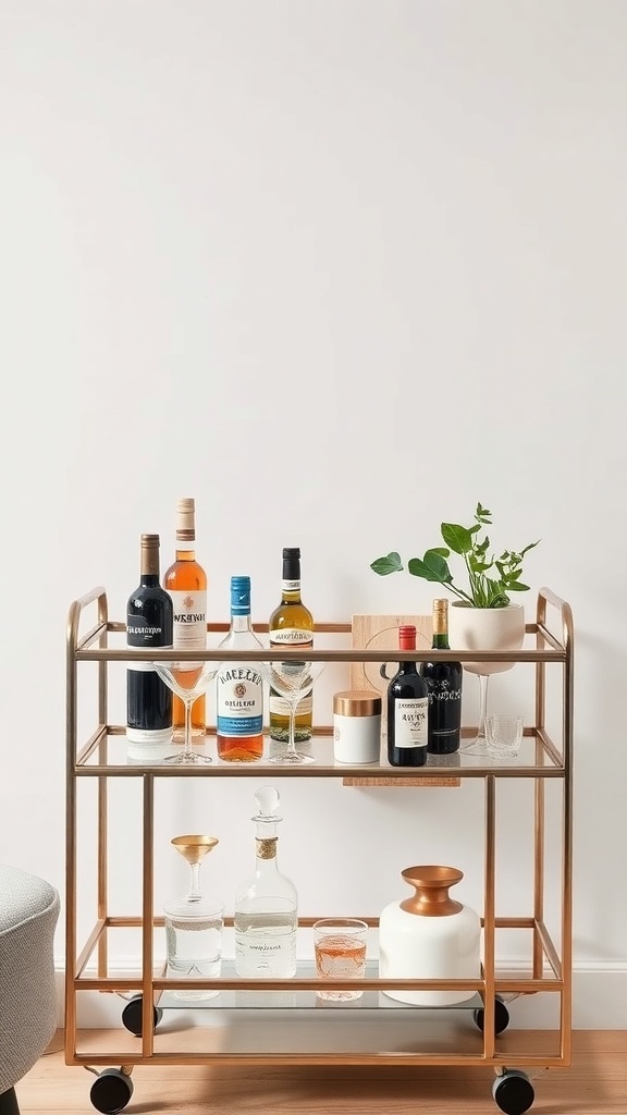 A minimalist bar cart with various bottles, glassware, and a plant.