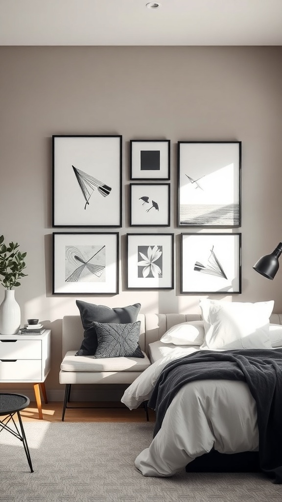 A stylish dorm room featuring a wall of minimalist black and white art framed neatly, with a cozy bed and modern furniture.