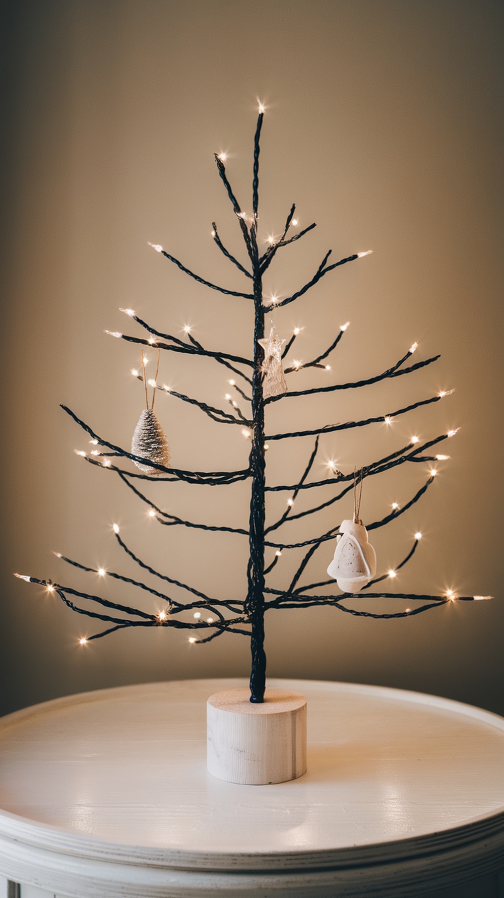 A minimalist black Christmas tree with soft lights and simple ornaments.