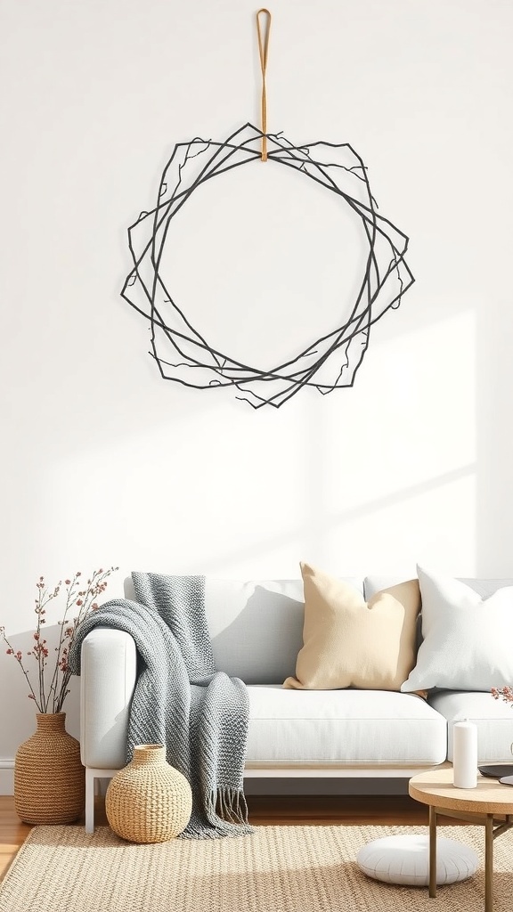 A minimalist black twig wreath hanging on a wall above a cozy couch with decorative pillows.