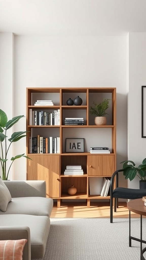 A minimalist wooden bookshelf with books and decorative items in a bright room.