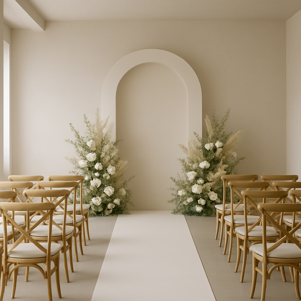 A minimalist wedding ceremony setup featuring an archway, white flowers, and wooden chairs.