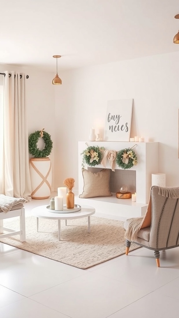 A minimalist Christmas living room with wreaths, candles, and neutral decor.