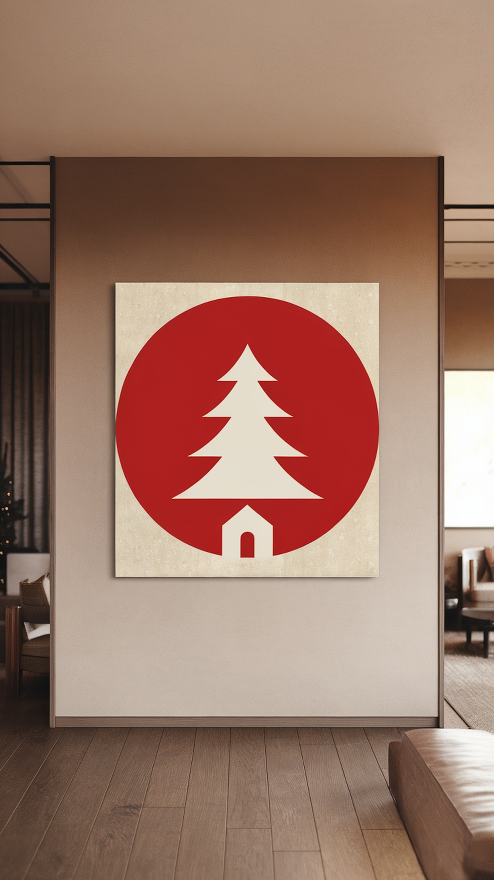 Minimalist Christmas art featuring a red circle with a white Christmas tree and a small house
