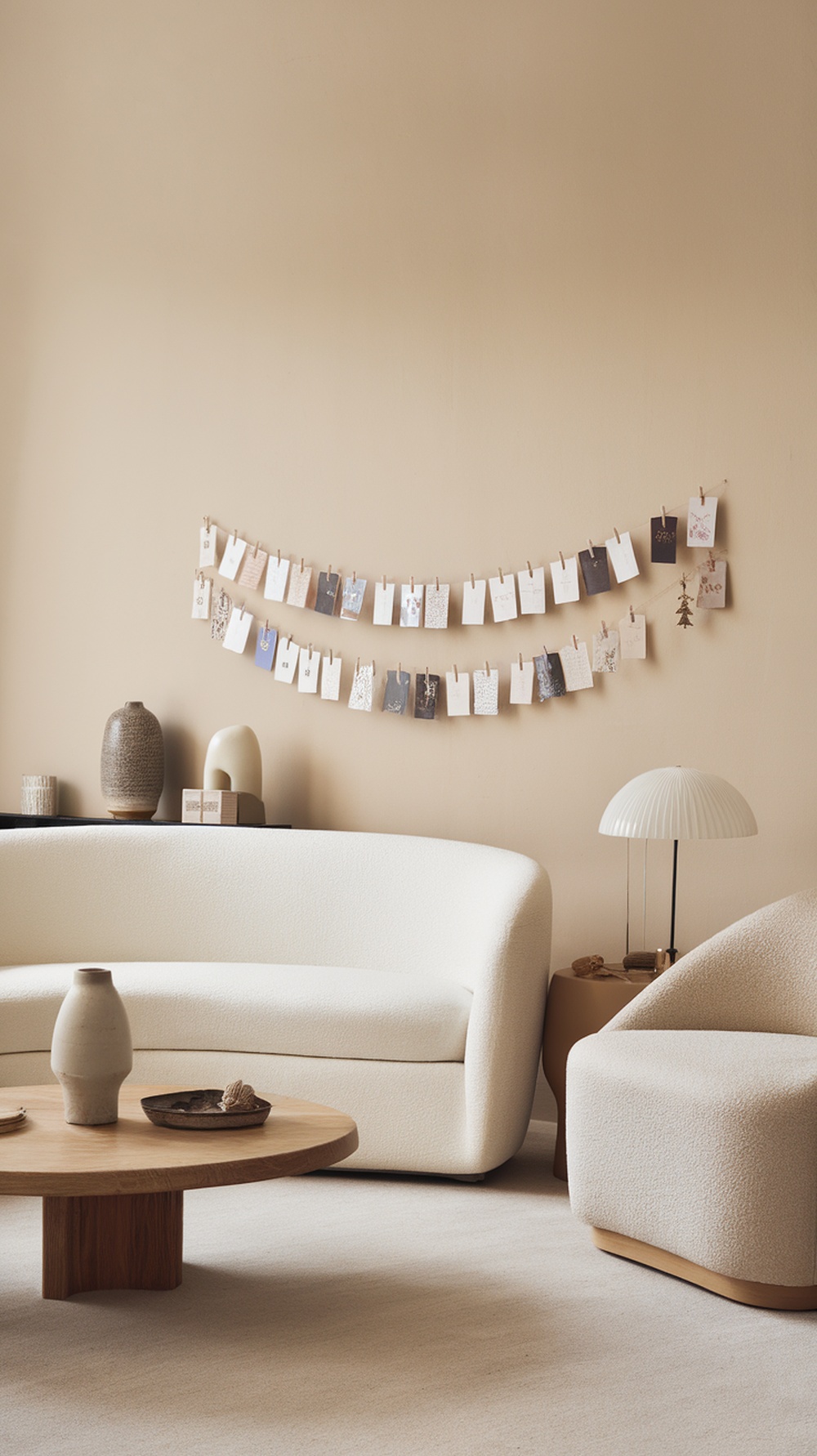 A minimalist Christmas card display with cards hung on a string in a cozy living room setting.