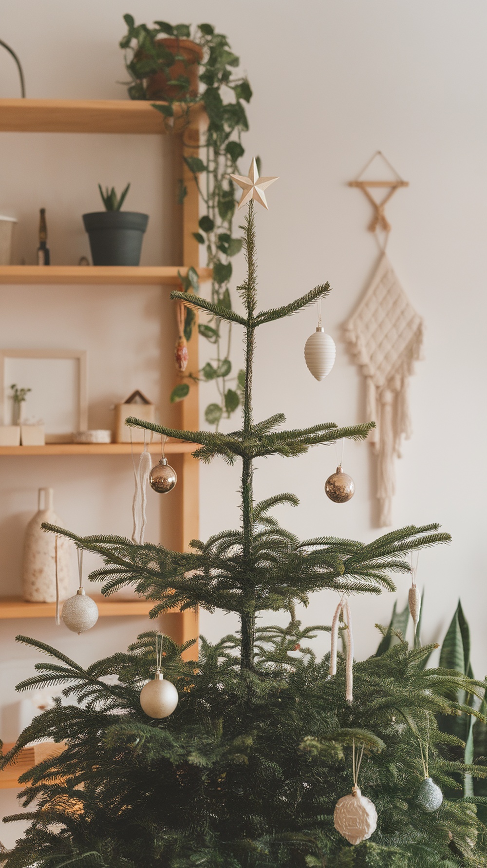 A minimalist Christmas tree with a star on top and simple ornaments, set against a cozy background with plants and decor.