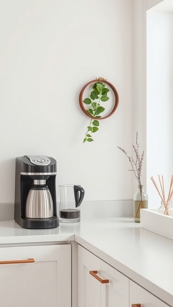 A minimalist coffee corner featuring a coffee maker, a carafe, and a wall-mounted plant.