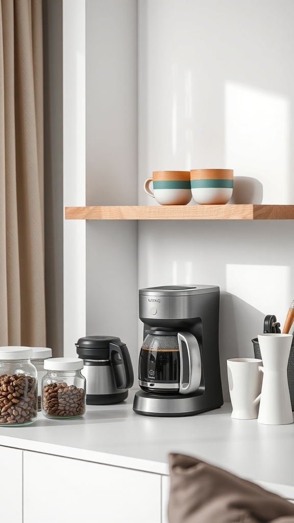 A minimalist coffee station featuring a coffee maker, jars of coffee beans, and colorful cups on a shelf.