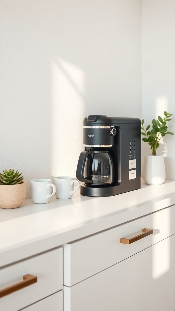 A minimalist coffee station featuring a sleek coffee maker, two white mugs, and a small potted plant on a clean countertop.