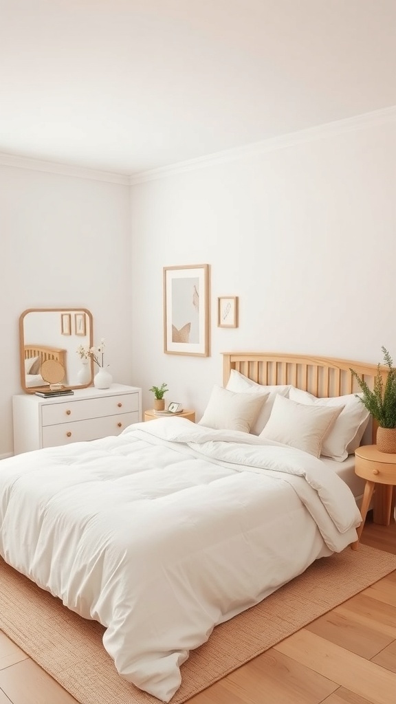 A clean girl bedroom featuring a minimalist color palette with white bedding and light wood furniture.