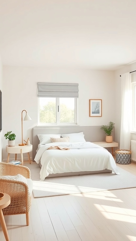 A simple teen bedroom featuring a minimalist color palette with soft whites and muted tones.