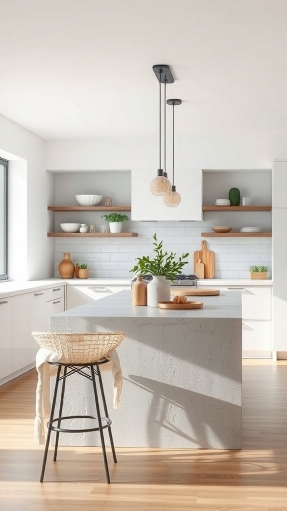 A minimalist concrete kitchen island with pendant lights, surrounded by bright cabinetry and wooden shelves.
