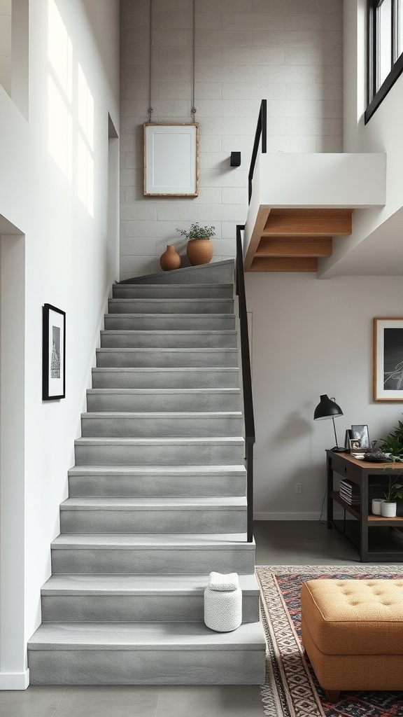 A minimalist concrete staircase with wooden accents and decorative elements in a modern home.