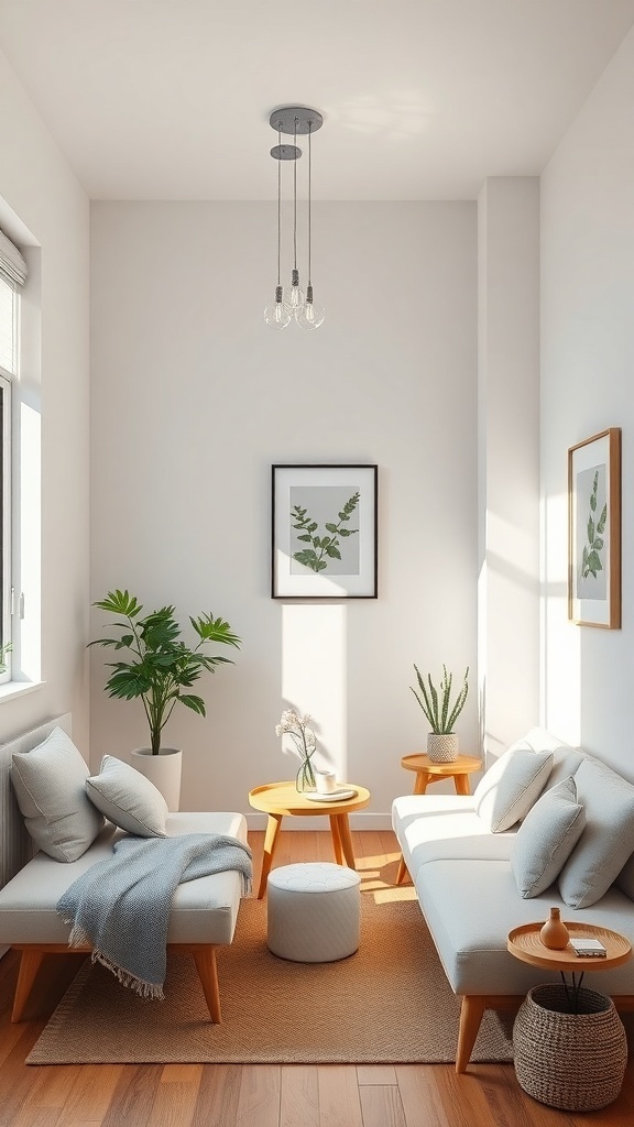 A cozy corner of a tiny studio apartment featuring minimalist decor with light sofas, small tables, plants, and natural light.