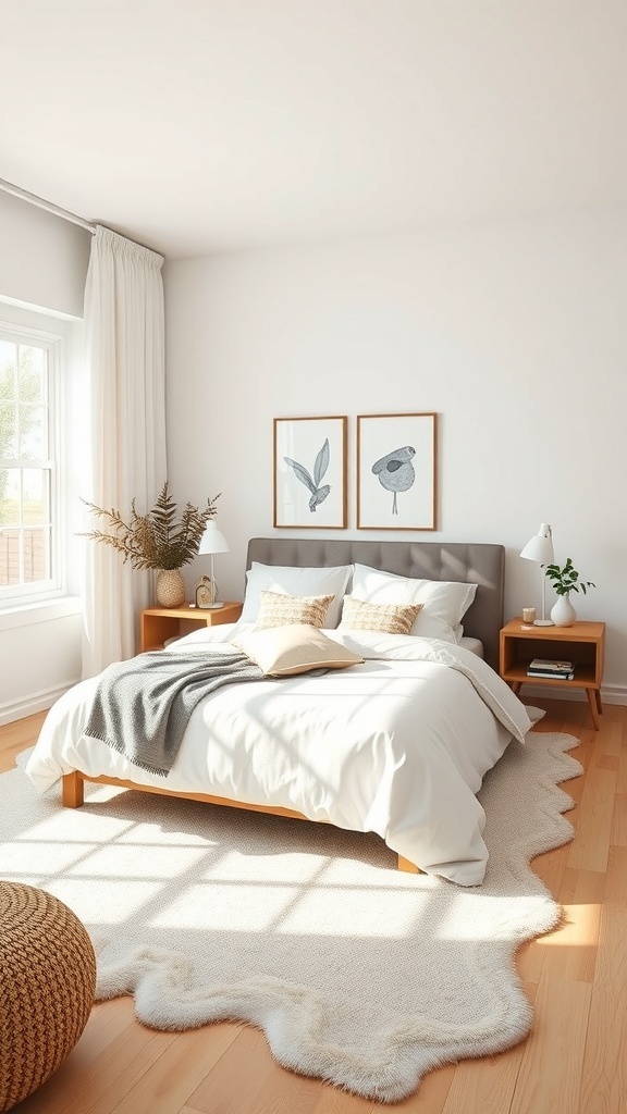 A minimalist bedroom featuring a neatly made bed, wooden furniture, and soft natural light.