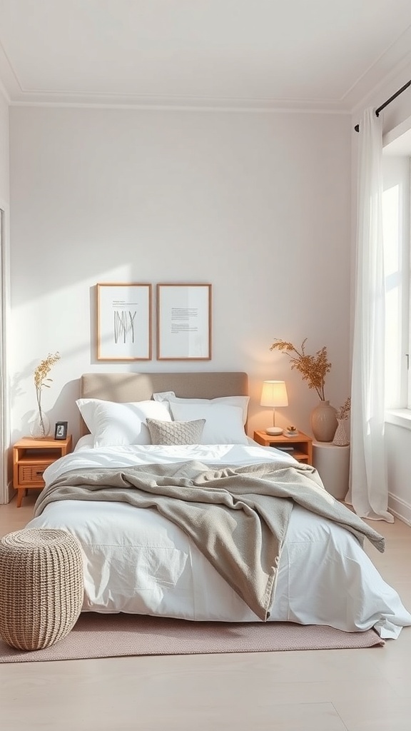 A minimalist small bedroom featuring a cozy bed, soft lighting, and simple decor.