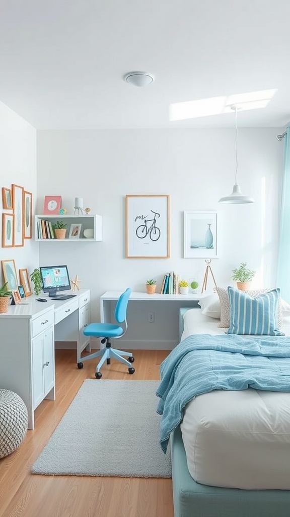 A minimalist light blue dorm room featuring a bed, desk, and decorative elements.