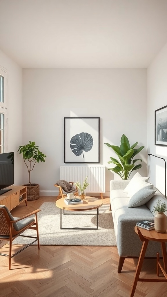 A small lounge room with minimalist design featuring a light color palette, simple furniture, and plants.