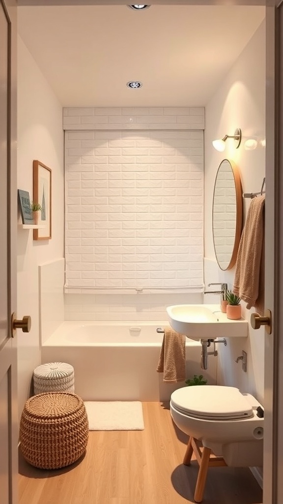 A minimalist tiny bathroom featuring a bathtub, sink, and natural wood accents.