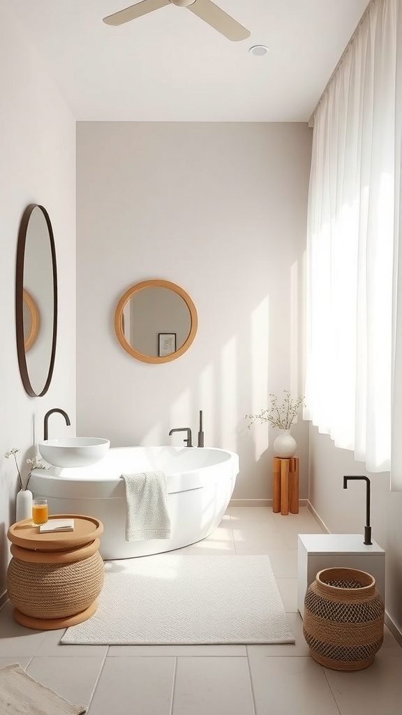 A minimalist Japandi bathroom featuring a freestanding tub, wooden accents, and natural light.