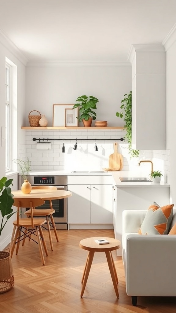 A small, minimalist kitchen featuring light colors, wooden accents, and plants.