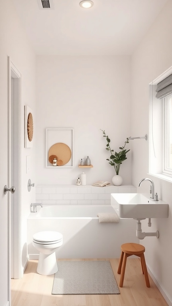 A minimalist tiny bathroom featuring a bathtub, sink, and a small wooden stool.